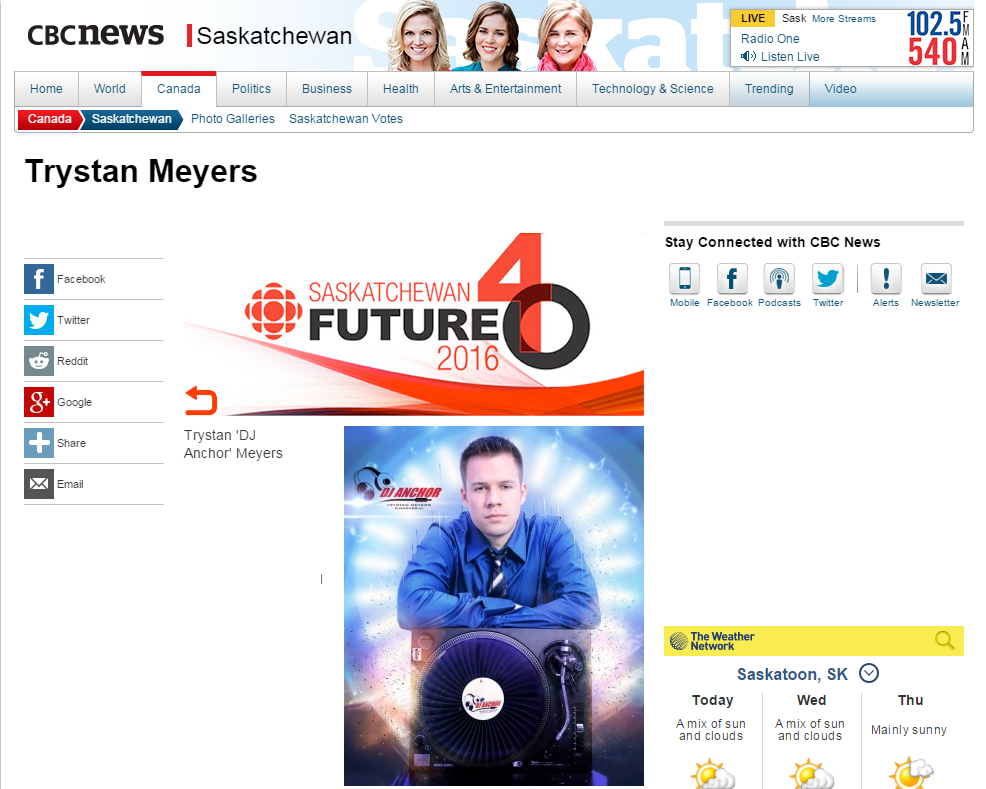 CBC Future 40 Saskatoon Saskatchewan - Dj Anchor Armed With Harmony - Image 1