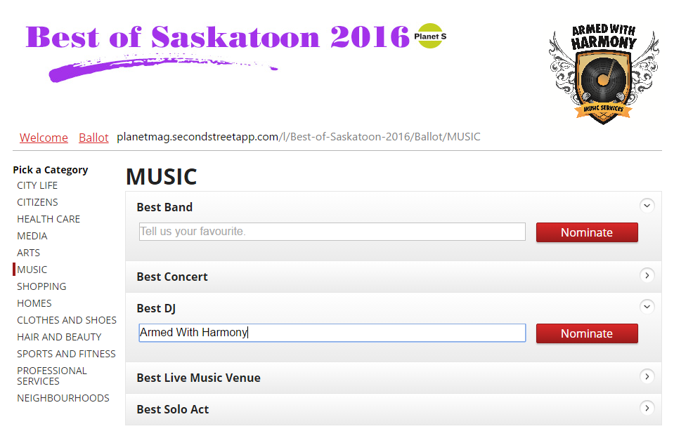 Nominate or Vote Armed With Harmony as Best Saskatoon DJ 2016 Planet S Magazine Best Of Edition - Image 1