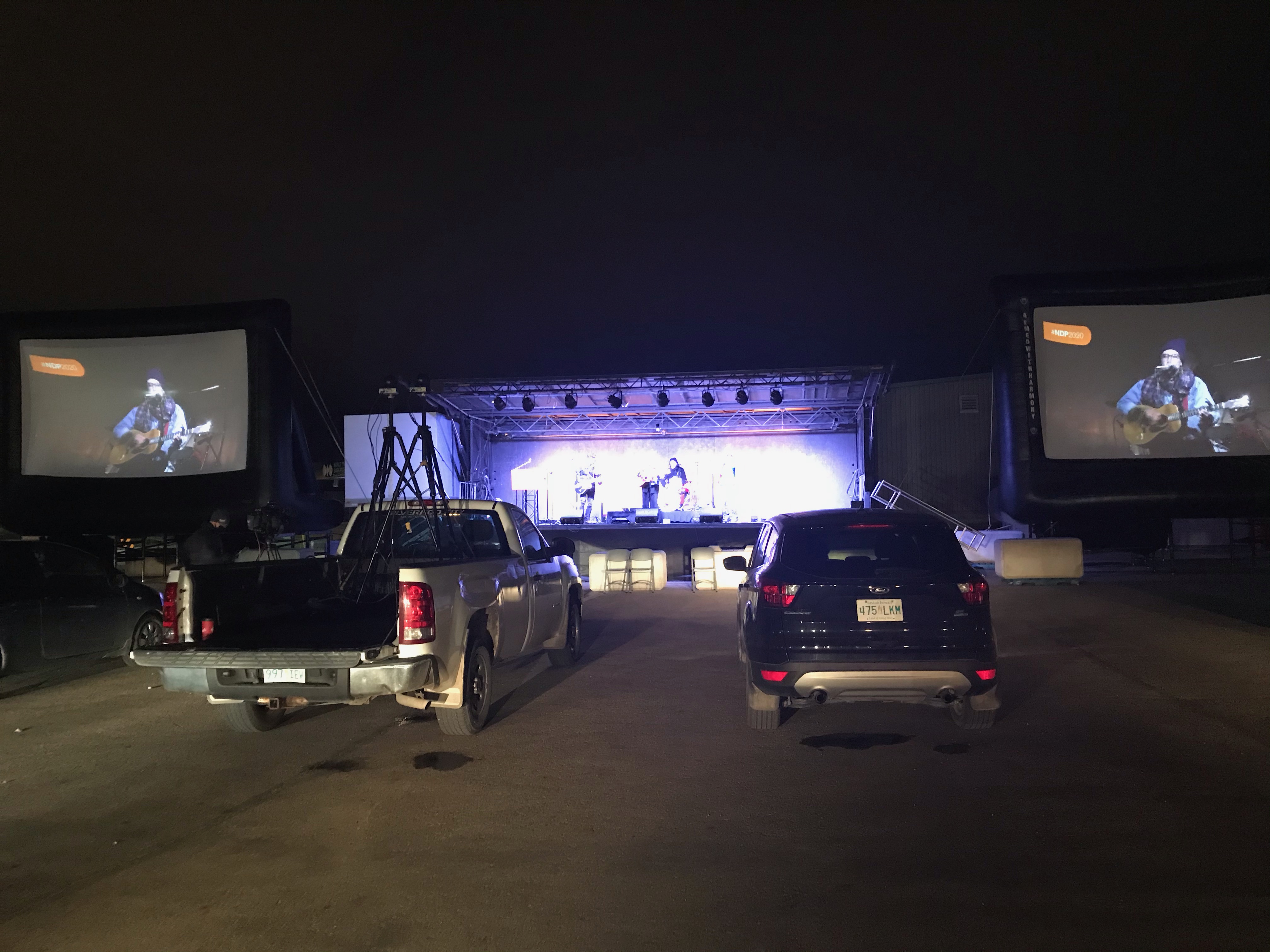 Saskatoon Saskatchewan YXE Pop Up Drive In Movie Screen Outdoor Theatre Cinema Under The Stars Armed With Harmony