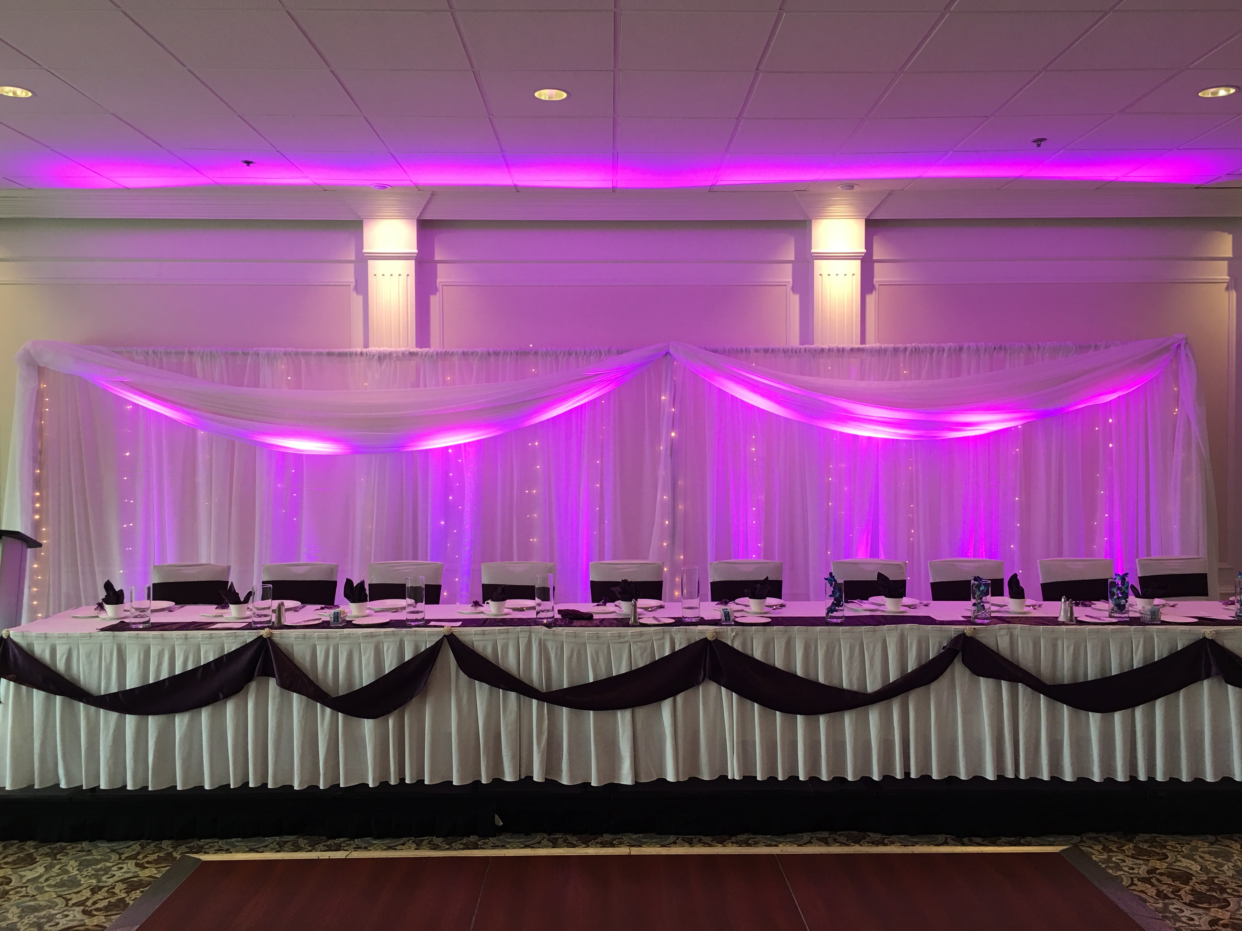 Saskatoon YXE Pipe  Drape Rentals Wedding Head Table Backdrop Linen