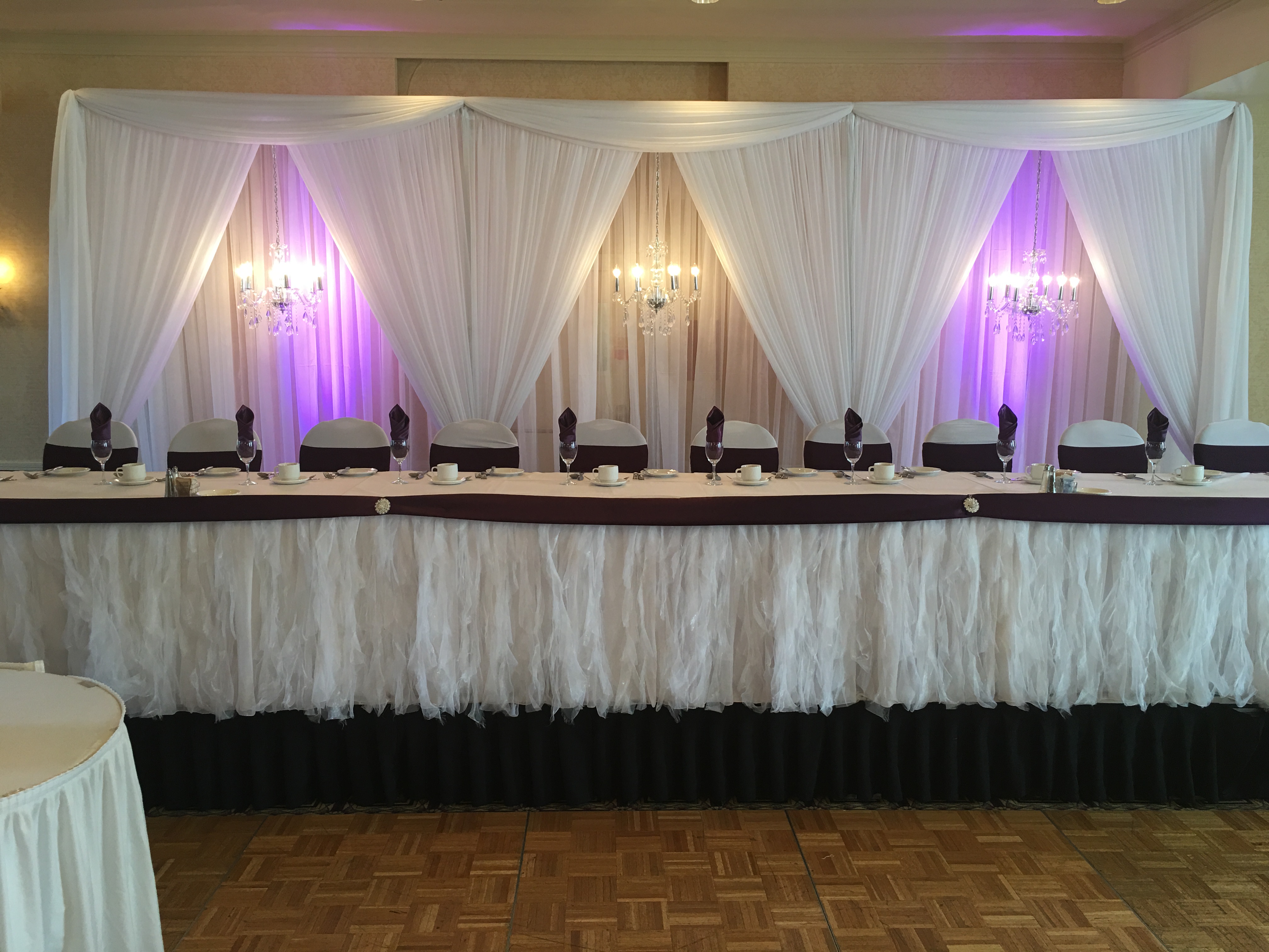 Saskatoon YXE Pipe  Drape Rentals Wedding Head Table Backdrop Linen
