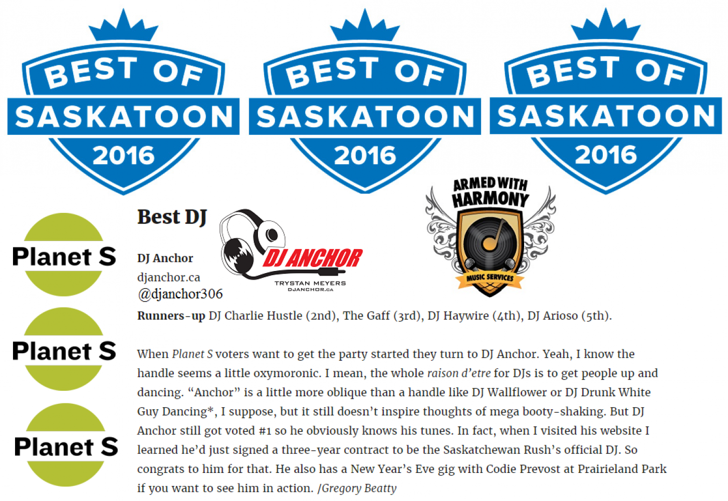 3 Armed With Harmony DJs, Dj Anchor, Dj Haywire, Arioso Voted As "Best Saskatoon DJ" By Planet S Magazine