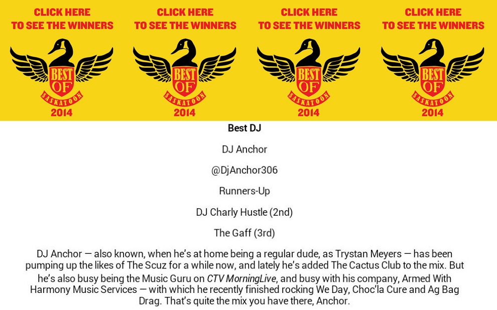 Dj Anchor Voted "Best Dj In Saskatoon" By Planet S Magazine