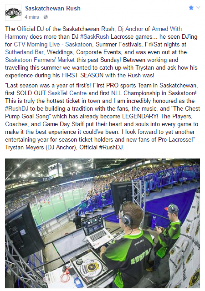 Saskatchewan Rush #RushDJ Dj Anchor talks about the 2016-2016 Season in Saskatoon